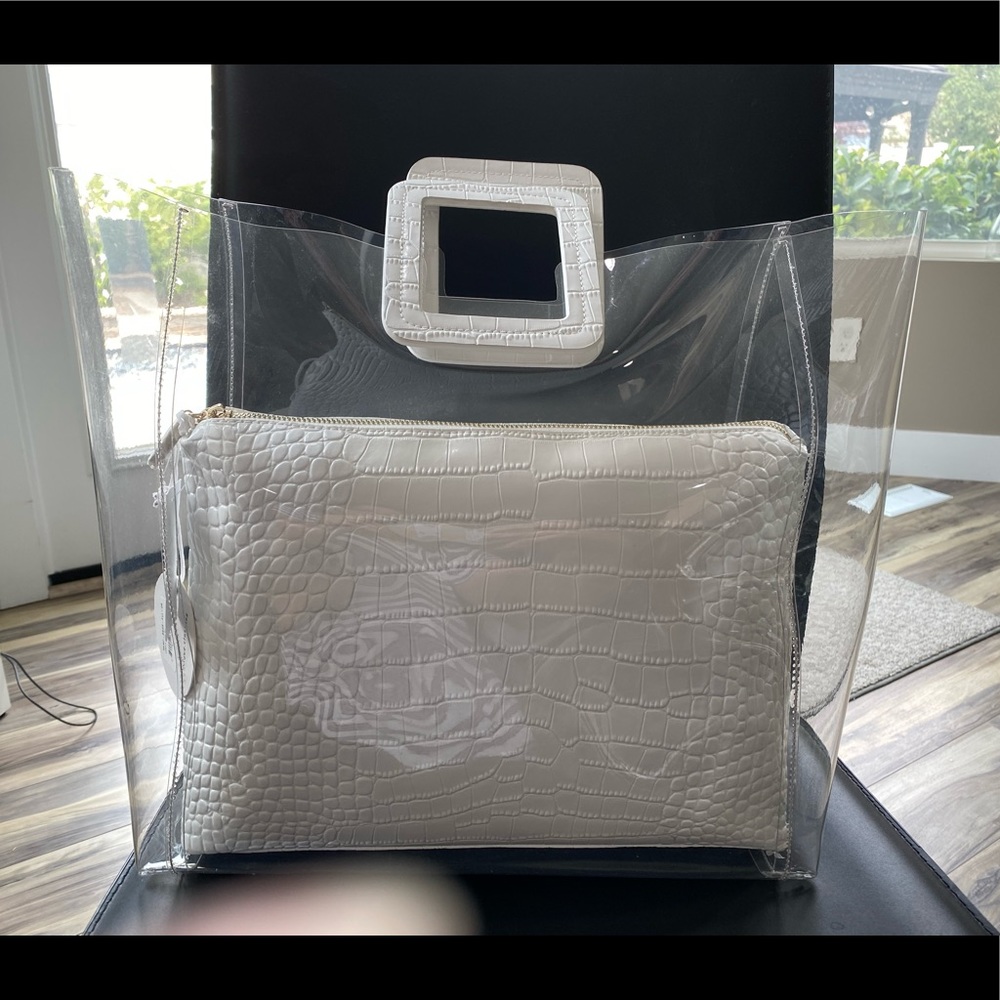 STAUD Clear PVC Tote with White Croc-Embossed Pouch